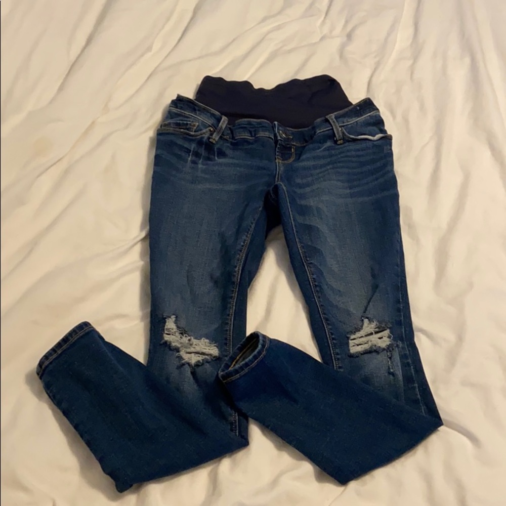 Dark wash distressed maternity skinny jeans